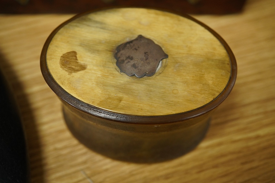 A yew wood domed box, an olivewood scent bottle box, a horn oval box and black circular mirror and two instruments, mirror 30cm diameter. Condition - fair to good